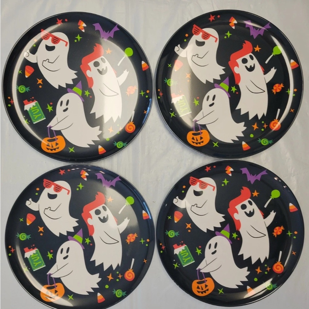 Hyde & Eek Melamine 10” Dinner Plates Happy Ghost Candy Halloween Lot Of 4 2024